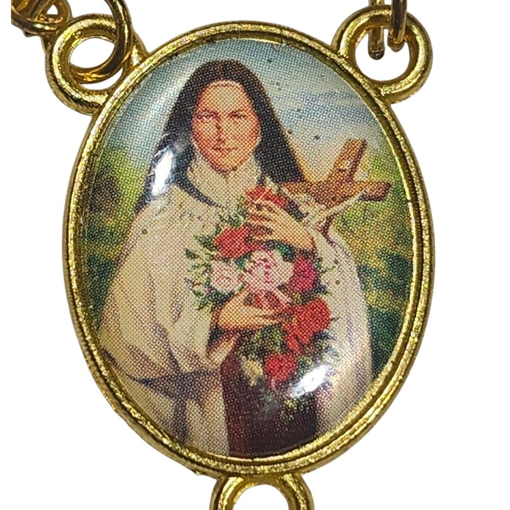 Beautiful Vintage St Therese  French The Little Flower Gold Matte Disc Rosary